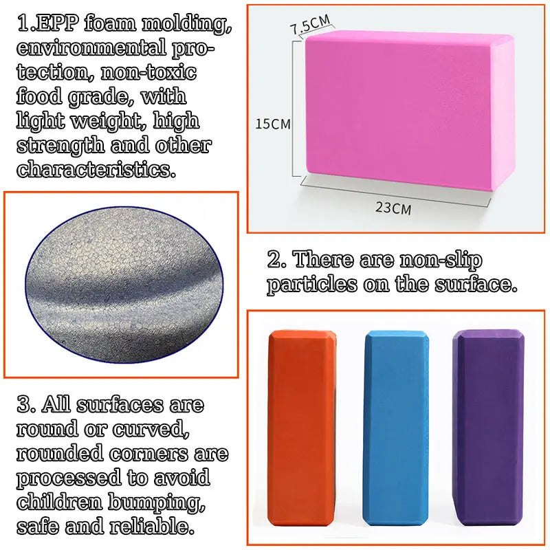 Pink foam block with dimensions, texture details, and safety features on a white background