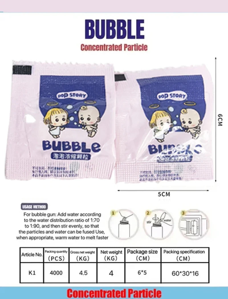 Granulated bubble concentrate for consistent output in bubble guns