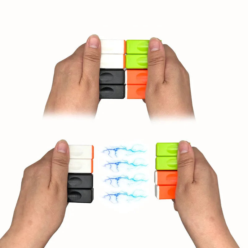 Hands holding colorful magnetic building blocks with a white background