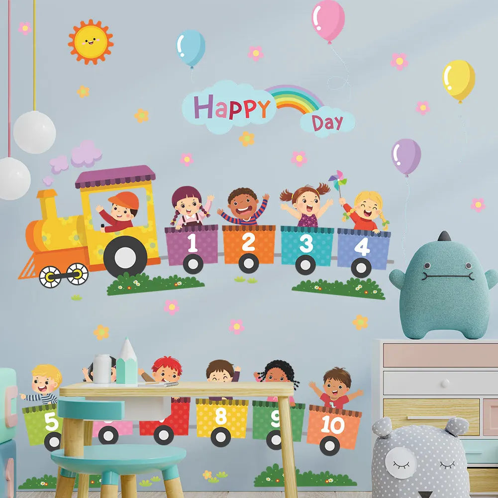 Cartoon number train rainbow self adhesive wall décor