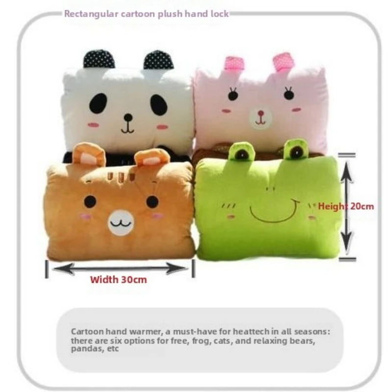 Four cartoon plush hand warmers with measurements and description text.
