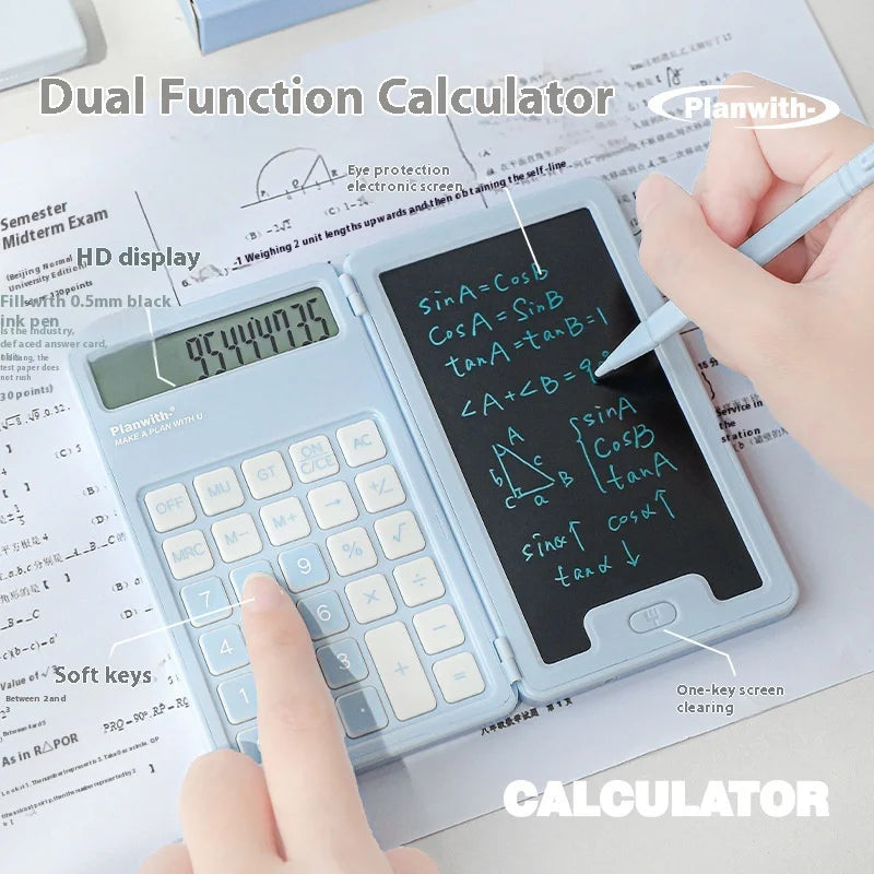 Compact 2-in-1 calculator with note space for structured number entry