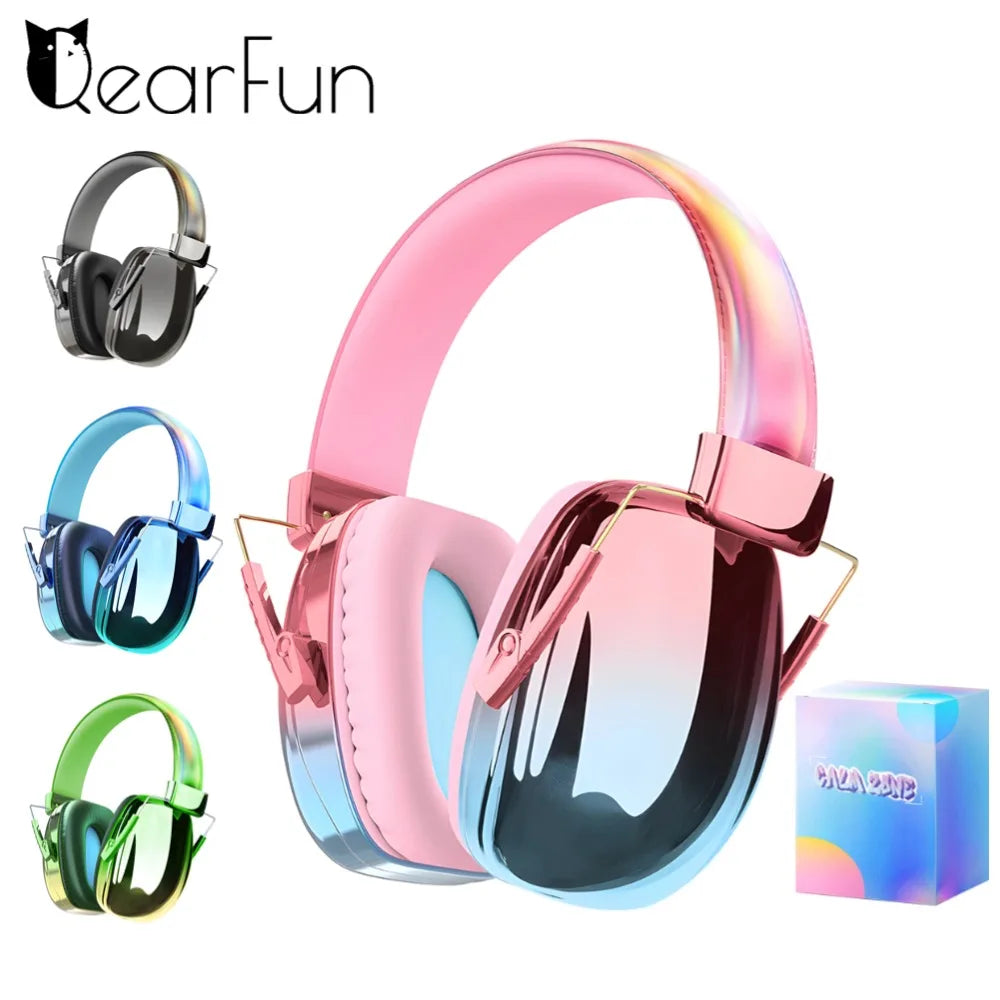A collection of Ear Defenders in various colors including black, pink, blue, green, and silver. The product has a soft, padded design with adjustable headbands and is displayed with a packaging box.