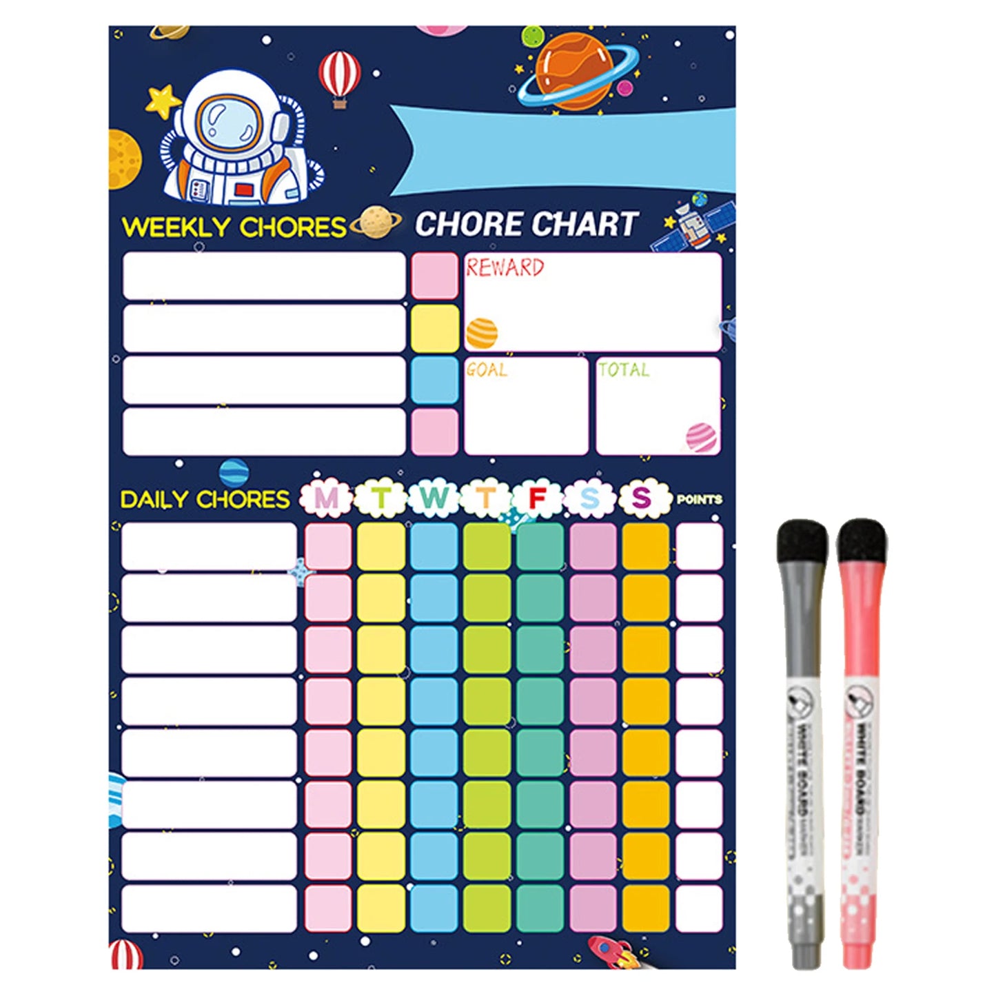 Reusable chore chart shown with two dry-erase markers, ideal for adaptable visual reminders.