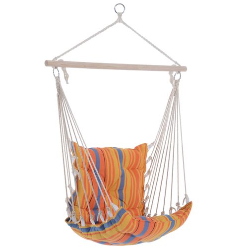 Orange hanging swing chair with padded backrest and soft cotton seat, ideal for sensory-friendly relaxation.