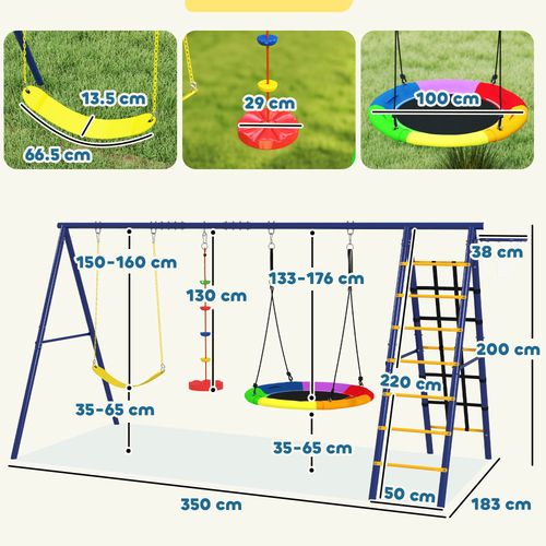 Full view of steel-framed swing set with adjustable ropes and collaborative movement features