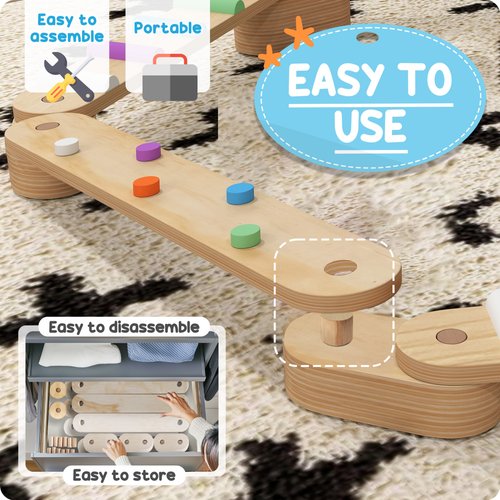 Double-sided pine boards and cylindrical connector rods enabling balance-focused gross motor exploration