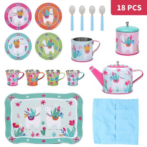 Close-up of colourful llama illustrations on sensory-friendly play tea set components