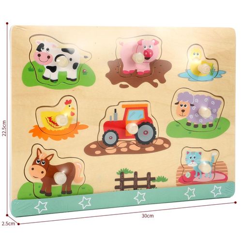 SOKA wooden farm-themed peg puzzle with animal shapes to support motor coordination and reasoning