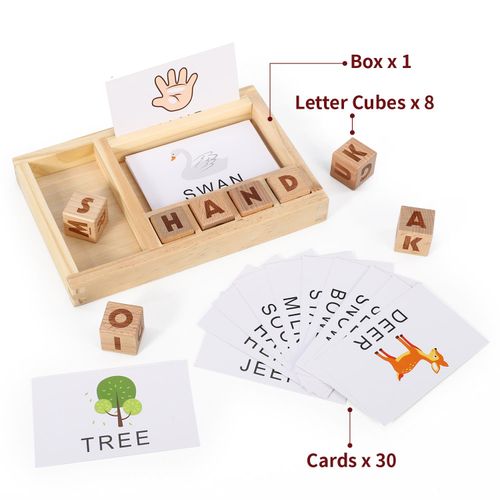SOKA Wooden Spelling Game with colourful letter blocks and matching cards, supporting literacy and focus.