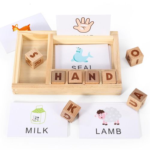 SOKA Wooden Spelling Game with colourful letter blocks and matching cards, supporting literacy and focus.