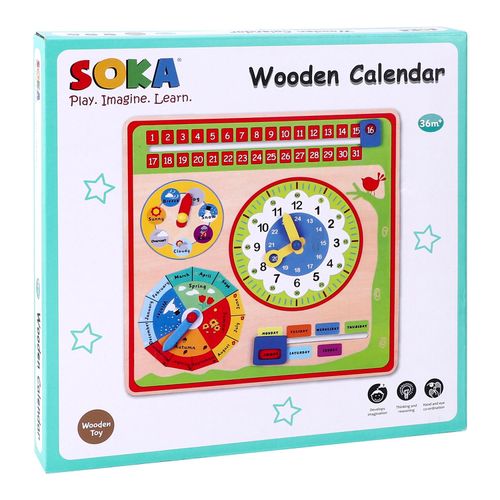 Close-up of learning calendar with movable clock, weather selector and weekday dial for sensory exploration