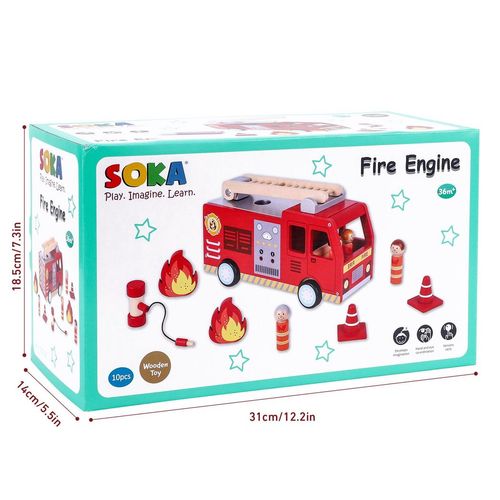 SOKA Wooden Fire Engine Truck – Pretend Rescue Playset for Ages 3+