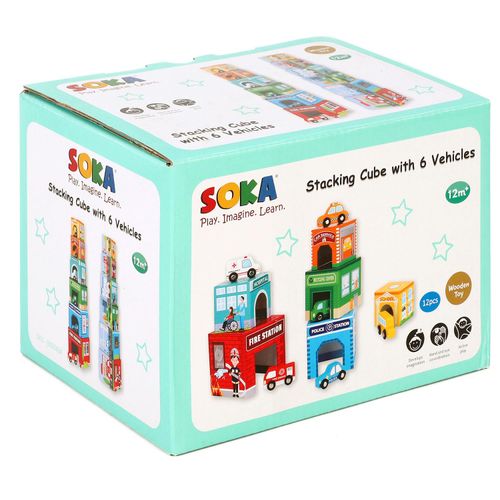 SOKA Stacking Cube with 6 Vehicles – Multi-Level Tower Puzzle with Wooden Cars