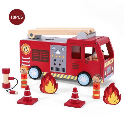 Pretend fire scene setup using SOKA fire truck toy and flame blocks for sensory-friendly role play