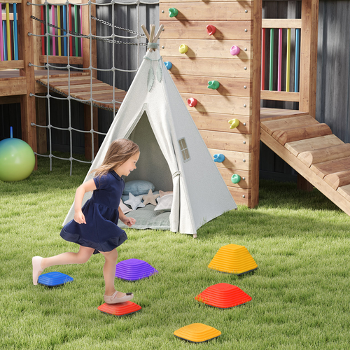 Child practising gross motor coordination using anti-slip stepping stones on smooth surface