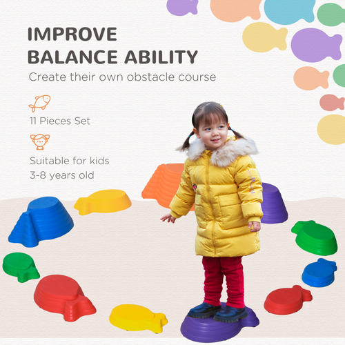 Child balancing across plastic stepping stones secured with non-slip mat for safe gross motor practice