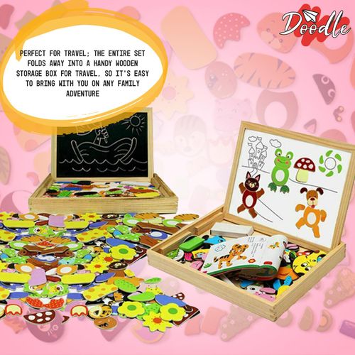 Close-up of wooden creativity board with bright magnetic jigsaw pieces supporting spatial play