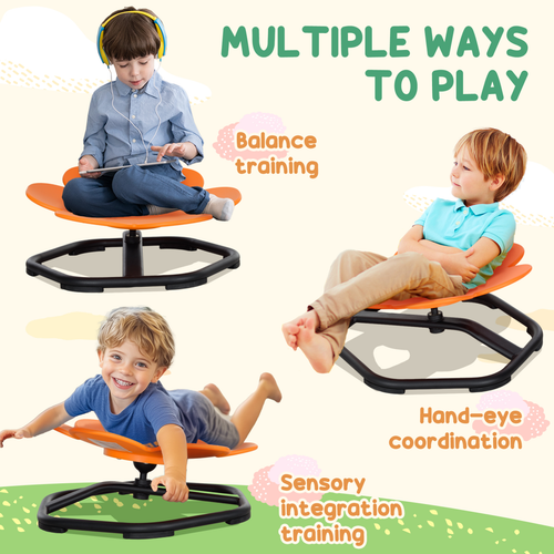 Child using orange wobble chair to develop core stability and calm movement regulation