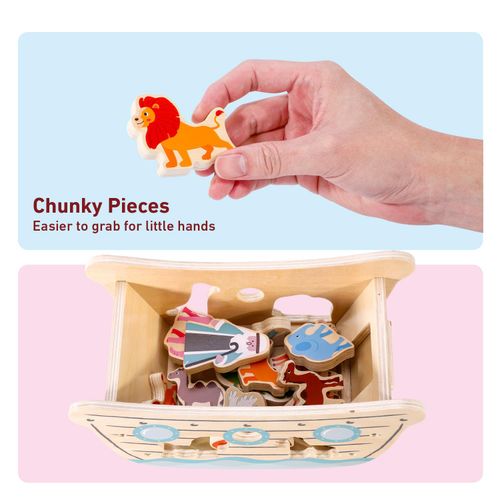 Child grasping colourful wooden piece to build hand–eye coordination and imaginative skills