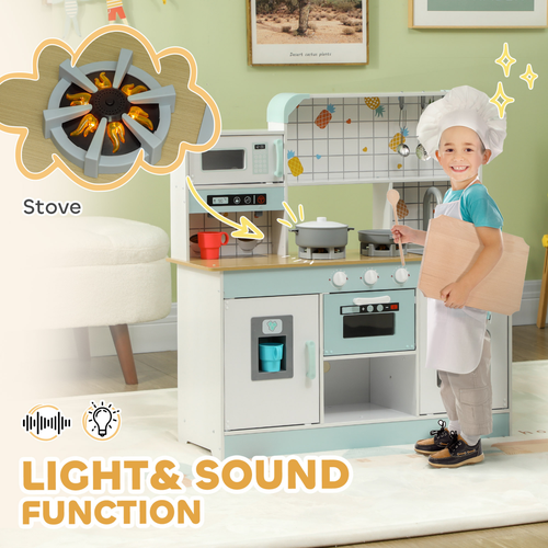 AIYAPLAY toy kitchen with light-up stove, microwave, and coffee machine—designed for sensory-friendly pretend play.
