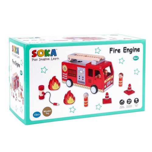 SOKA Wooden Fire Engine Truck – Pretend Rescue Playset for Ages 3+