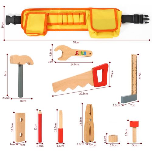 Adjustable SOKA tool belt with colourful wooden accessories for builder-themed role play