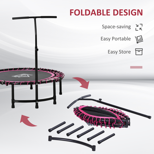 Side angle of pink rebounder with handle set at mid height for proprioceptive balance support