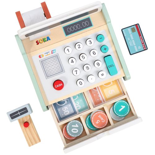 Close-up of toy register with buttons and drawer showing sensory-friendly money play setup