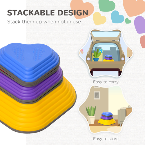 Stacked stepping stones stored neatly after balance-focused movement play session