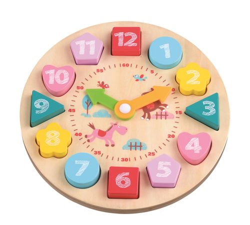 Manual ticking hands and bright shapes laid out for sensory-friendly educational play