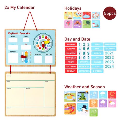 Close-up of time dial and weekday panels on eco-safe wood calendar toy for neurodivergent learners