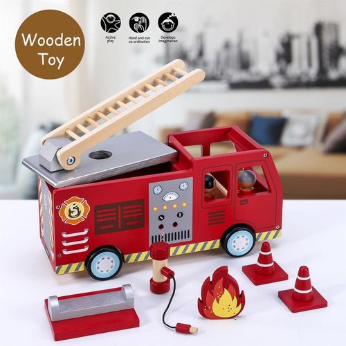 SOKA Wooden Fire Engine Truck – Pretend Rescue Playset for Ages 3+