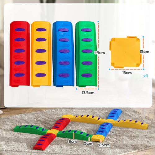 Close-up of assembled stepping boards showing convex foot grips and anti-slip padding for safe play
