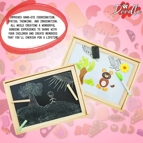 Child drawing with chalk on blackboard lid and matching puzzle shapes on magnetic board