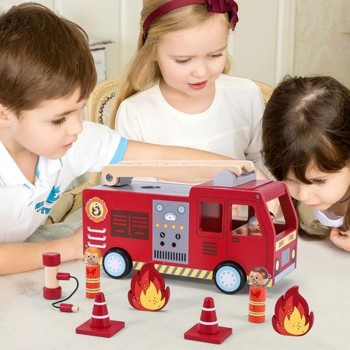 Child engaging with brightly coloured wooden rescue set to build storytelling and social skills