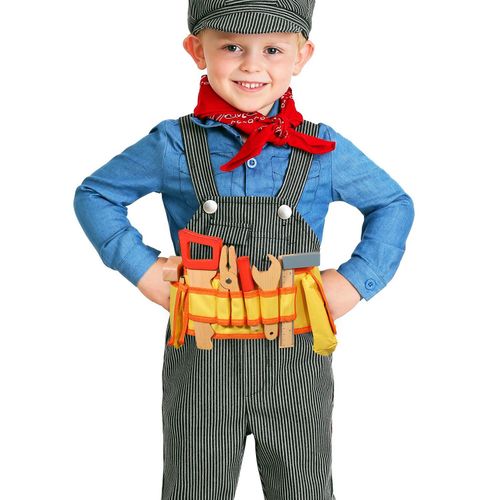 Child wearing SOKA wooden tool belt set with chunky builder’s tools for imaginative play