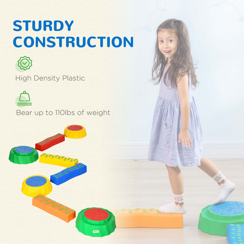 Set of eight colourful stepping stones with non-slip surfaces for kids' balance training and sensory-friendly movement play