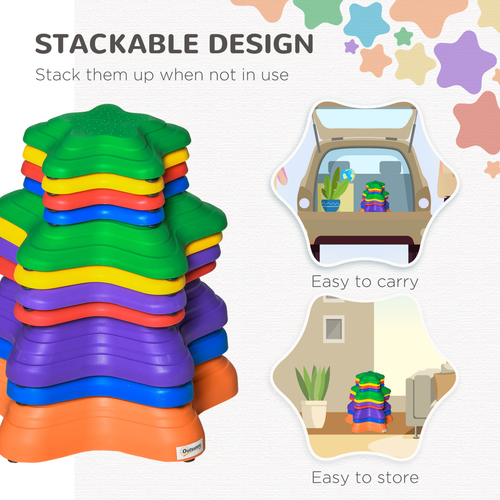 Colourful balance stepping stones in four sizes stacked together for easy movement play storage