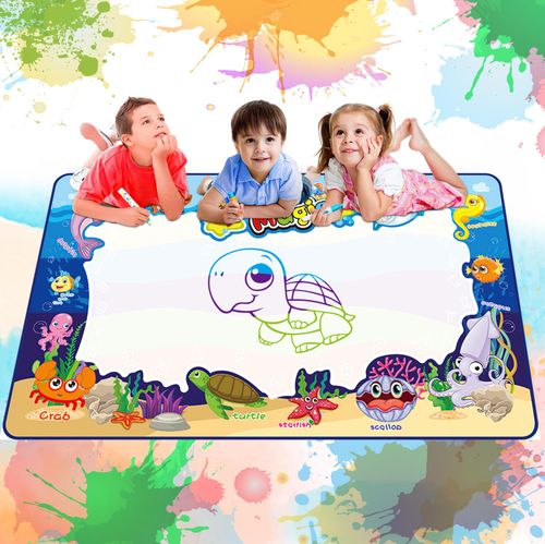 Large foldable doodle mat laid out with accessories for imaginative group drawing play