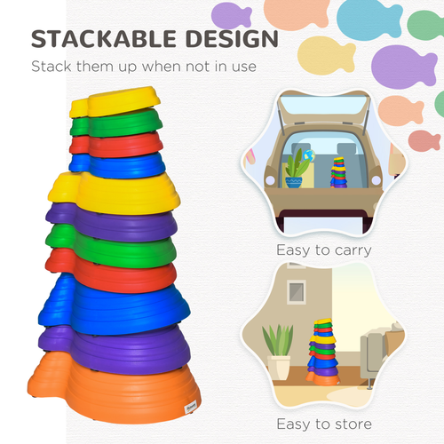 Stacked stepping stones in various sizes designed for imaginative movement challenges and sensory exploration