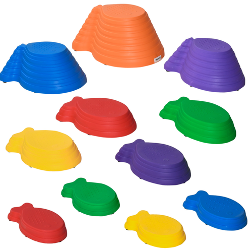 11 colourful fish-shaped stepping stones laid out for sensory movement and coordination play