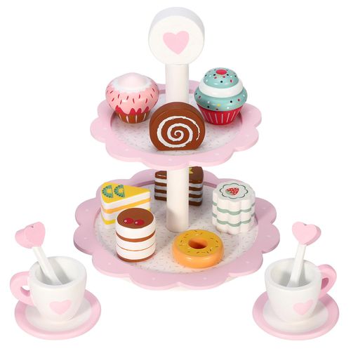 Two-tier pink cake stand with wooden pastries arranged for imaginative tea party setup