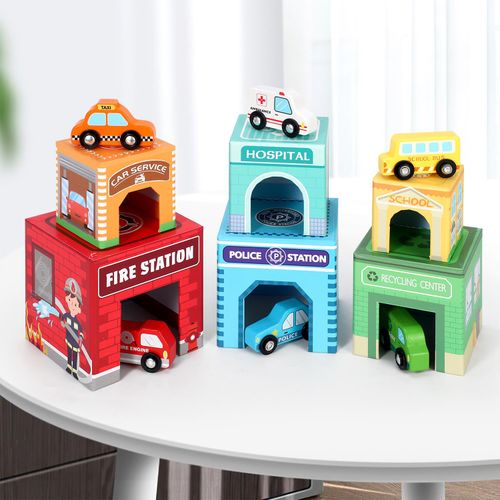 SOKA Stacking Cube with 6 Vehicles – Multi-Level Tower Puzzle with Wooden Cars