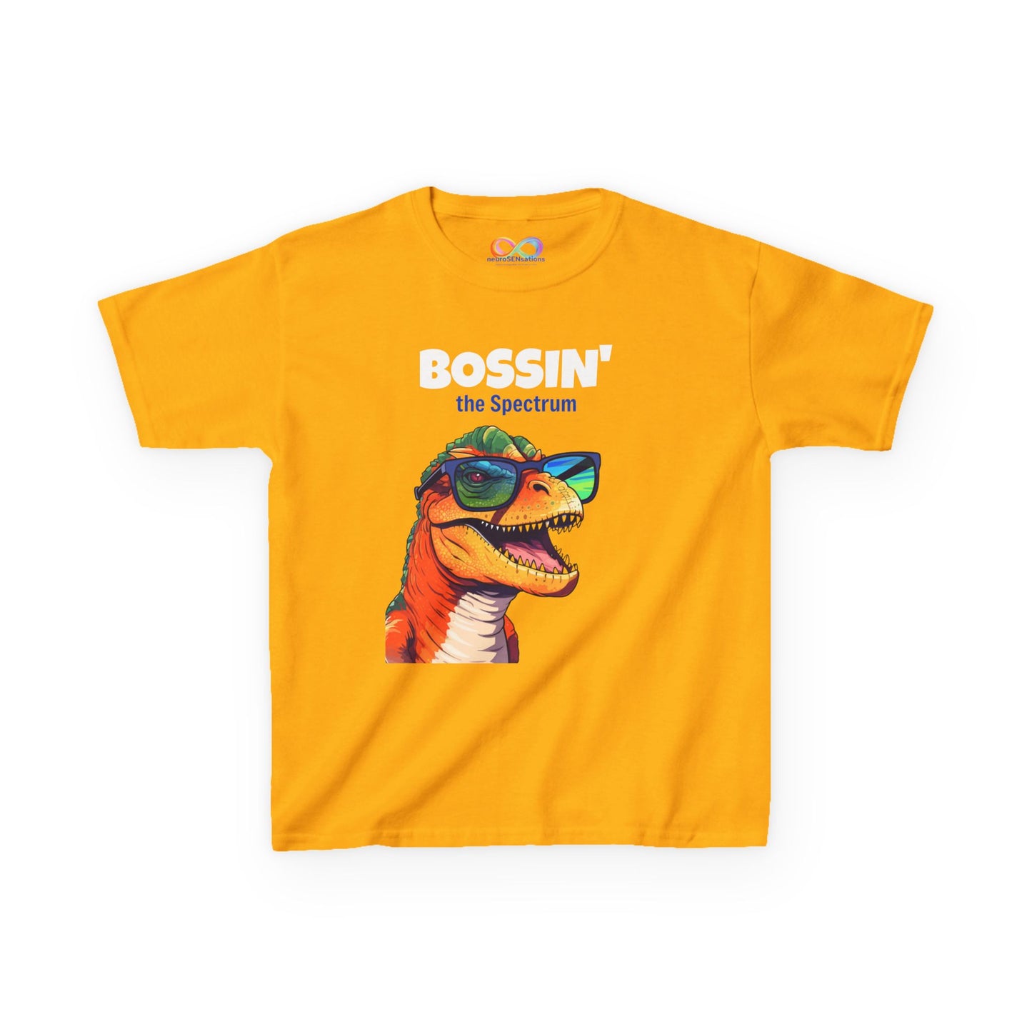 Dino Boss Kids Tee – Colourful Cotton T-Shirt for Neurodivergent Joy