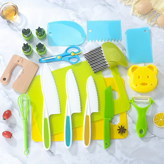 Inclusive kitchen tool set shown with fruit planer, knife, and peeler for safe prep tasks