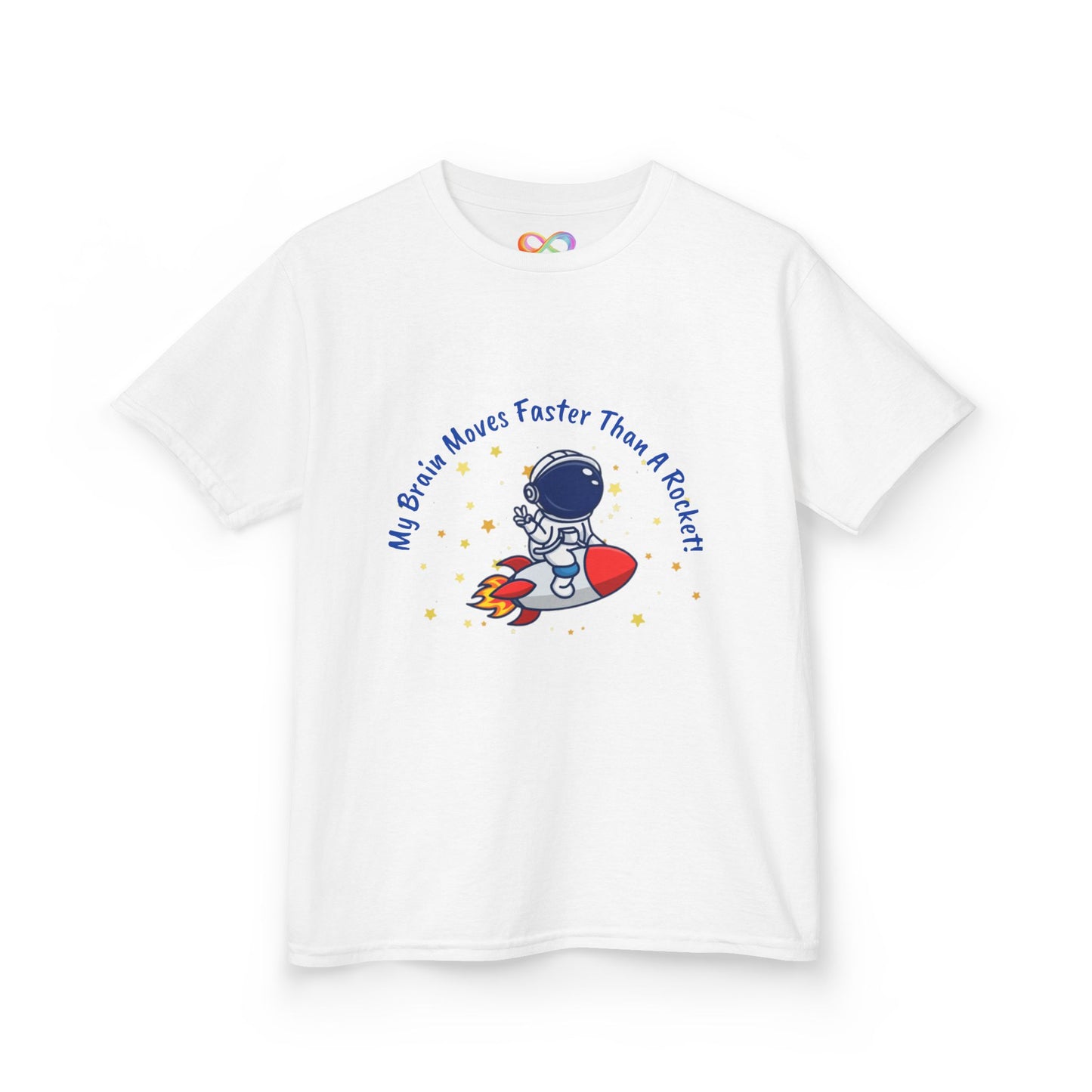 Astronaut Kids Tee – Colourful Cotton T-Shirt for Neurodivergent Joy & Fast-Moving Minds