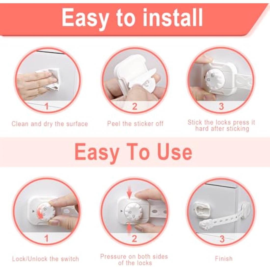 Adjustable Cupboard Locks for Children (6 Pack) - Safety Drawer Latches with Double Lock System