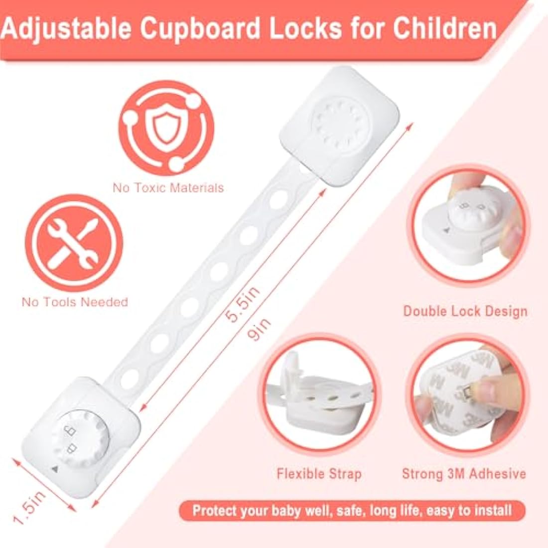 Adjustable Cupboard Locks for Children (6 Pack) - Safety Drawer Latches with Double Lock System