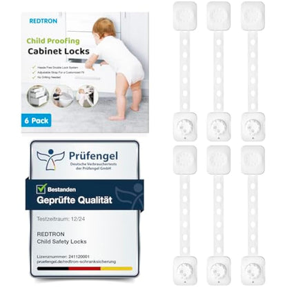Adjustable Cupboard Locks for Children (6 Pack) - Safety Drawer Latches with Double Lock System